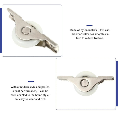 Glides Like Butter Nylon Sliding Door Pulleys Smooth Quiet Cabinet Guide Rollers Heavy Duty Track Wheels For Wardrobes And Gates Super Slick Four Pack Hardware, top view of nylon roller with metal bracket, smooth surface.