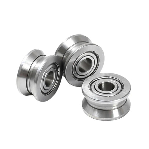 Top Shelf V Groove Guide Roller Bearing L203 ZZ Self Aligning Ball Bearing 17 By 58 By 25 Millimeters in silver stainless steel.