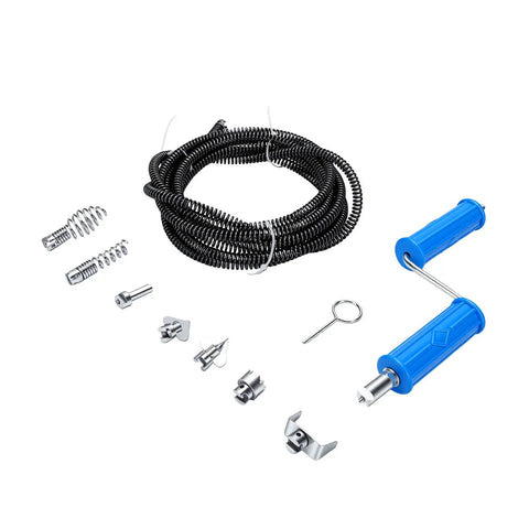 Heavy Duty Drain Auger Attachment Five Meter Alloy Steel Snake with six cutting blades and tools for deep pipe clogs.