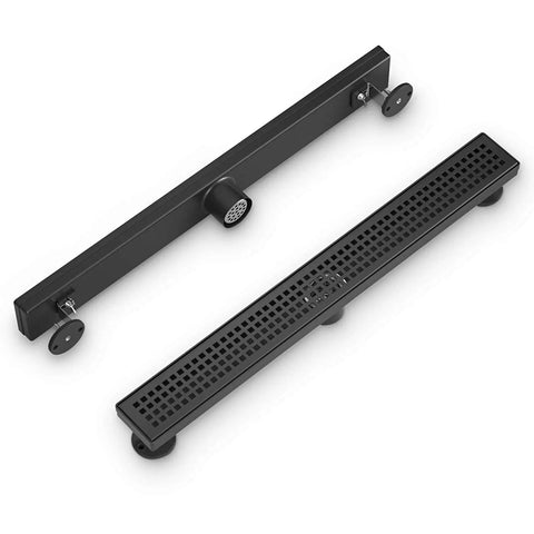 36 Inch Matte Black Stainless Steel Rectangular Shower Drain With Grid Cover, Adjustable Feet, Hair Strainer, Removable Cover