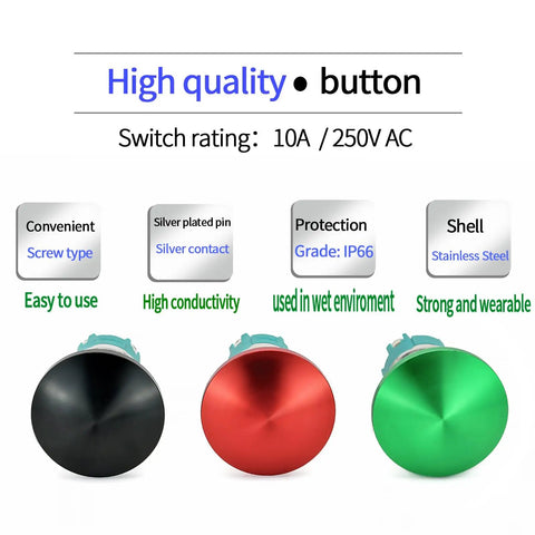 Heavy Hitter Stainless Steel 304 Push Button Switch With A Beefy Red Mushroom Head And Ip66 Waterproof Seal Crafted For Ten Amp Power Load Using Dual Normally Open Contacts Offers Drop Dead Reliable Momentary Function For Hardest Job Sites with black, red, green mushroom heads.