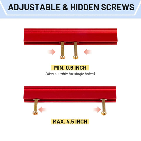 Premium Adjustable Cabinet Handles 6 Pack Kitchen Drawer Pulls Aluminum Red Knobs, adjustable screws from 0.6 to 4.5 inches.