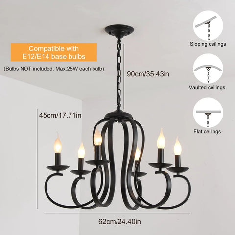 Six Light Black Candle Style Chandelier For Farmhouse And Dining Room Vintage French Country Metal Pendant Light With Adjustable 25.5 Inch Chain Ideal For Kitchen Island And Foyer Dimmable E12 Bulbs Not Included, dimensions and ceiling compatibility
