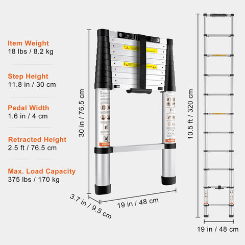 Telescoping Aluminum Ladder 10.5 Foot With One Button Retraction Collapsible Extension Ladder 375 Lb Capacity dimensions shown