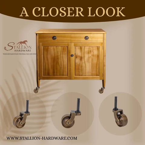 Heavy Duty Antique Brass Replacement Caster Wheels Smooth As Butter Rolling For Furniture Set Of Four visible on a wooden cabinet.