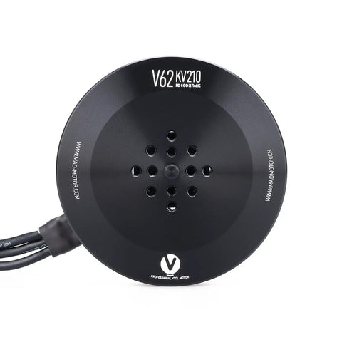 Workhorse Brushless Motor Built For Serious UAV Drones eVTOL Fixed Wing And Multirotor Quadcopters showing KV210 black motor front view.