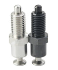 Workhorse Indexing Plunger With Hand Retractable Spring Pin Locking Screw Precision Threaded Bolt for CNC machining, showcasing silver and black finishes.