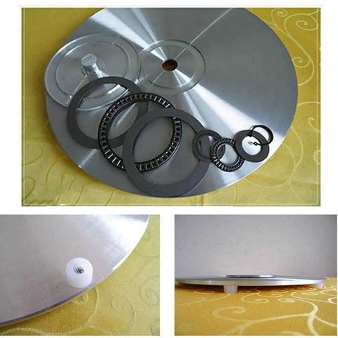 Hella Smooth Tempered Glass Lazy Susan Heavy Duty Turntable Revolving Serving Tray components close-up with bearings and base.