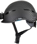 Non-Vented Class E Safety Helmet With Rechargeable Lamp And Chin Strap KARBN Pattern, Tested Up To 20kV, ANSI Z89.1 CSA Z94.1 EN397 Compliant, Durable PC/ABS Build, Hydro-Dipped Modern Worksite Protection Built Tough side view.