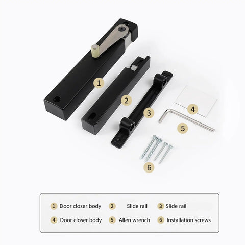 Dead Stop Soft Close Hinge For Doors With Anti Slam Damper And Adjustable Speed Adapter Silky Smooth Barn Door hardware parts including door closer, slide rails, screws, and Allen wrench.