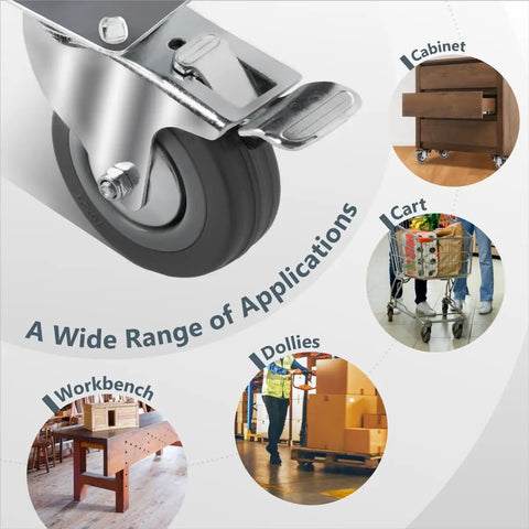 Heavy Duty 3 Inch Swivel Caster Wheels Equipped With Lock Down Dual Brakes And Roll Smooth Gray Rubber Tires for diverse applications.