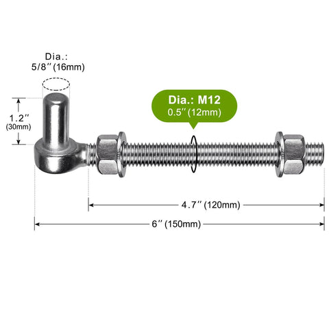 J Bolt Gate Hinge 304 Stainless Steel, 6 Inch Bolt, M12, 5/8 Inch Pin, for Farm Gates, Chain Link Fence, Wooden Gate, Heavy Duty
