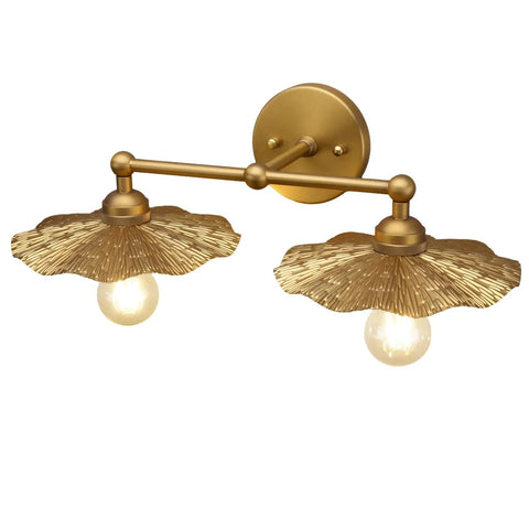 Two Light Industrial Metal Wall Sconces With Antique Brass Flower Ripple Shade