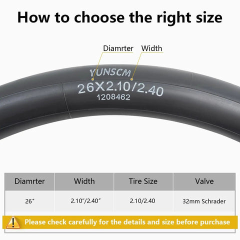 Heavy Duty 26 Inch Bicycle Inner Tubes 26x2.10 To 26x2.40 AV32mm Schrader Valve 52/62-559 size guide instructions