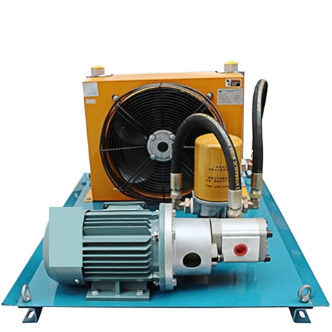 Rock Solid Hydraulic Power Unit With Integrated Oil Cooler Pump Motor Built Tough Plate Fin Architecture For Hella Smooth Industrial Workflows Zero Maintenance Hassles Heavy Duty Reliable Performance RJ Four Oh Five Model image featuring pump motor and cooling fan on a metal base.