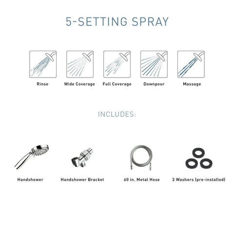 Five Function Handheld Shower Head With Brushed Nickel Spot Resistant Finish, 5 spray settings, shown with hose and washers