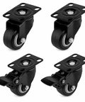 Four Piece Black Swivel Caster Wheel Set Rolls Slick And Tackles Heavy Gear With Zero Sweat Featuring Plate Mount Brackets And Two Foot Brake Locks.