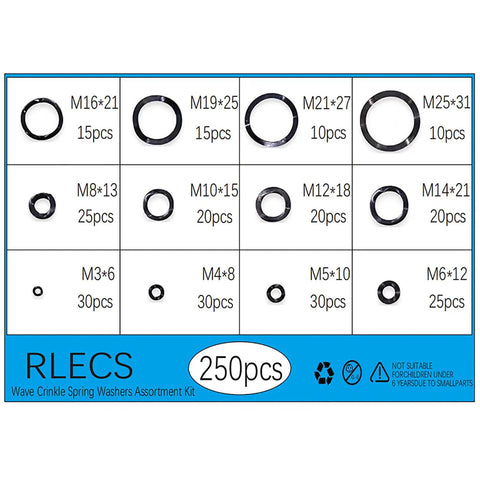 250 Pcs Triple Wave Spring Washers High Octane Manganese Steel Compression Corrugated Wrinkle Springs M3 To M25 Assorted Kit layout