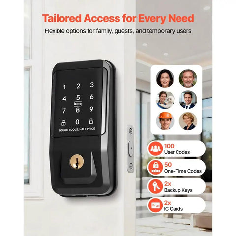 Sleek Matte Black Keyless Entry Door Lock With IC Card Reader And Touchpad Keypad, 100 codes, reliable electronic deadbolt.