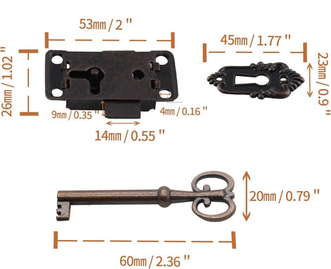 Top Shelf Vintage Red Bronze Skeleton Key Cabinet Lock Set With Dead Solid Iron Build And Matching Keys For Heavy Duty Furniture Restoration And Craft Projects components with dimensions displayed