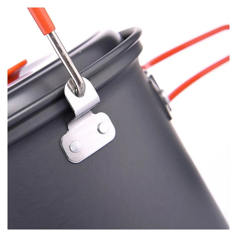 Close-up of handle detail on hangable camping pot kitchen gear for outdoor cooking nonstick cookware for 2 to 3 people on hikes and picnics