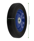 Four Pack 8 X 1.75 Inch Solid Rubber Wheels Featuring Flat Free Design And Rock Solid Ball Bearings Perfect For Heavy Duty Hand Trucks Dollies And Utility Carts Built Tough To Handle Daily Grind, displaying blue wheel with ribbed tread.