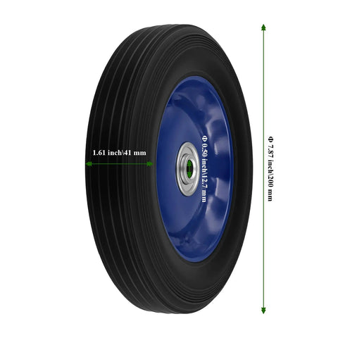 Four Pack 8 X 1.75 Inch Solid Rubber Wheels Featuring Flat Free Design And Rock Solid Ball Bearings Perfect For Heavy Duty Hand Trucks Dollies And Utility Carts Built Tough To Handle Daily Grind, displaying blue wheel with ribbed tread.
