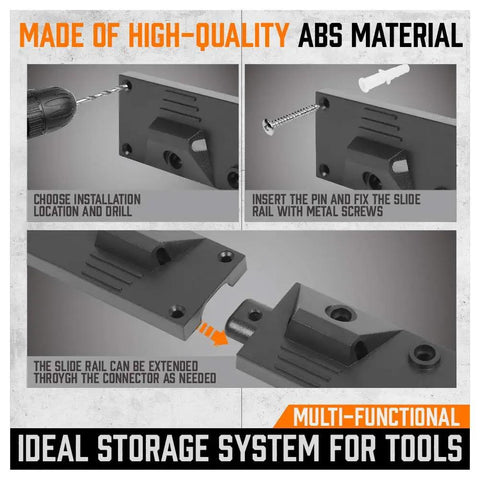 64 Inch Adjustable Wall Mount Tool Organizer Rack installation steps with screws and ABS material highlights.
