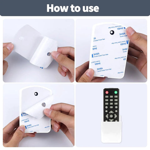 Two Pack Wall Mounted Remote Control Holder Set With Self Adhesive Backing And Screws, White Finish, installation instructions