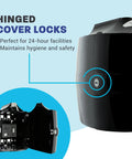 Wall Mounted Gym Wipe Dispenser With No-Touch Sanitizing Wipes, showcasing black hinged cover locks for safety