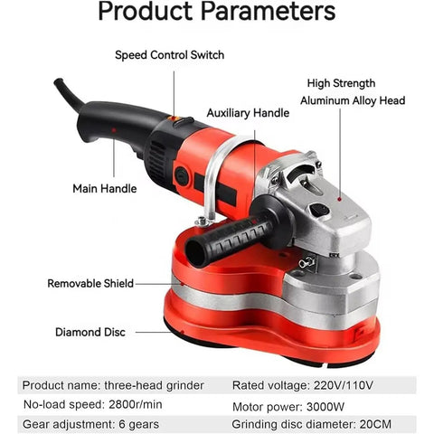 3000W Electric Angle Grinder And Concrete Floor Polisher Variable Speed Wall Planer showing speed control and handles.