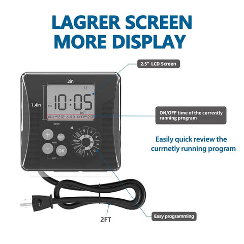 Heavy Duty Outdoor Pool Timer with Rotating Dial and 6 Easy Programs Waterproof Design featuring a 2.5" LCD screen and 2FT cord.