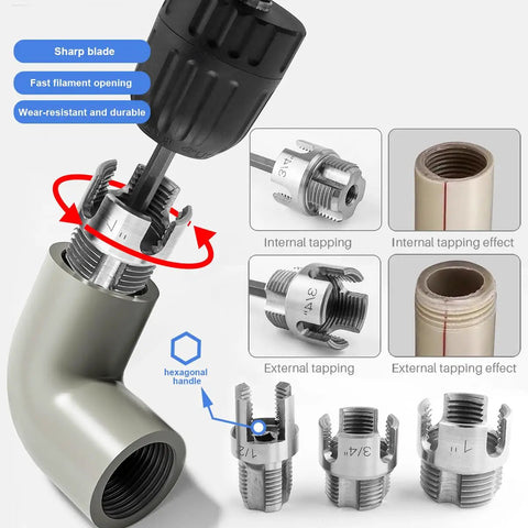 Heavy Duty Three Piece Pipe Thread Kit with dual function threading for PVC pipes, features heat-treated carbon steel and hexagonal handle.