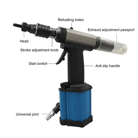 Pro Grade Heavy Duty Pneumatic Riveter Kit With Air Hydraulic Rivet Nut Tool For M3 To M8 Fasteners featuring stroke adjustment knob and anti-slip handle.