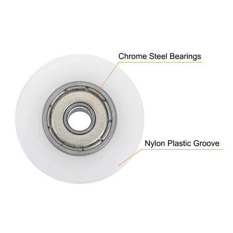 Top Notch 2Pcs U Type Nylon Coated Pulley Roller Bearings Fit 5Mm Shafts showing chrome steel bearings and nylon plastic groove.