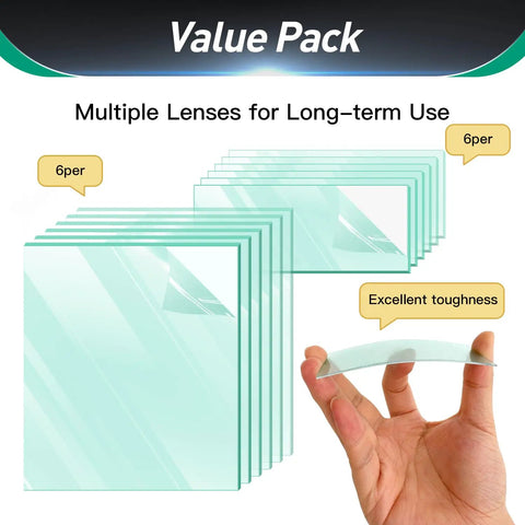 12 Pack Replacement Pro Grade Welding Helmet Lens Kit For Inventor Series Auto Darkening Helmets With Clear Polycarbonate Inner And Outer Protective Covers Fits Models 770874 770872 770890 Part 770858 lenses and hand view