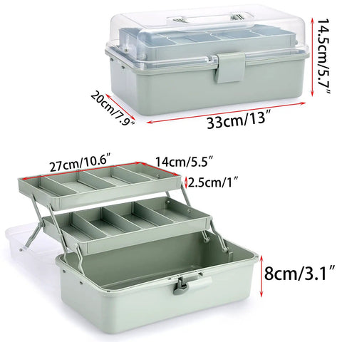 Clear 3 Layer Plastic Dividing Storage Box With Adjustable Spacers Portable Handle Craft Organizer, Haze Green, dimensions shown