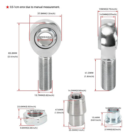 Badass 8 Piece Heim Joint Rod End Kit With Spacers And Tube Adapters 5/8 Inch Chromoly Joints with detailed measurements.
