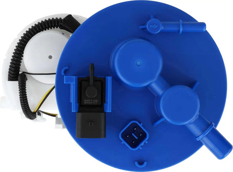 OE Level Fuel Pump Module Assembly With Precision Float Gauge, blue plastic body, plug and play installation, top view.