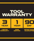 Image of a tool warranty for the 20V Max Brushless Random Orbital Sander Kit, displaying 3-year warranty, 1-year service, and 90-day guarantee.