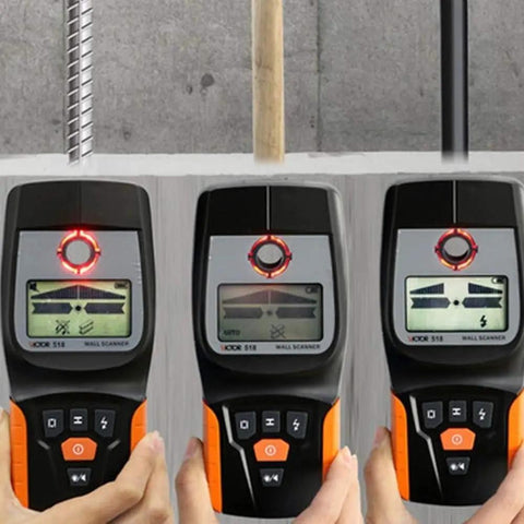 Top Rated 4 In 1 Stud Finder Wall Scanner displaying LCD screens, detecting wood beams, metal, and AC wires for home improvement.