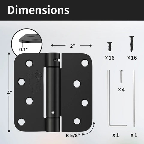 Pro Heavy Duty Self Closing Door Hinges 4 Inch 2 Pack showing dimensions and included hardware for installation.