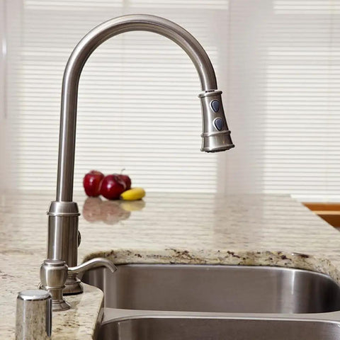 Single-Handle Pull-Down Kitchen Faucet With Sprayer In Satin Nickel Two-Function Head One-Hole Mount Easy Temperature Control