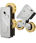 Heavy Duty Nylon Wheel Sliding Door And Window Pulley Roller Built With Aluminum Alloy Quiet Track Replacement For No Drag Glide and Quick Swap Hardware Upgrade One Piece with dual gold wheels.