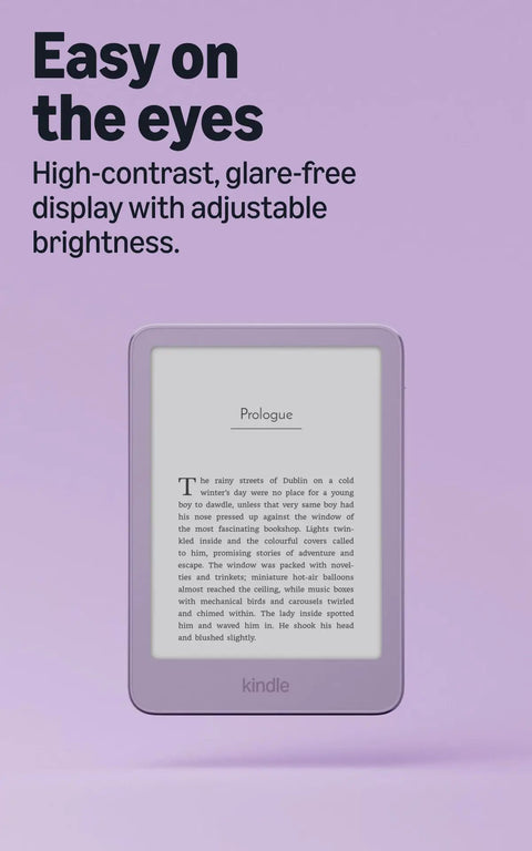 Hustle Free Pocket E Reader With Edge To Edge Color Display And Next Level Six Week Battery Life Quick Load Times And Ultra Thin Design on purple background.