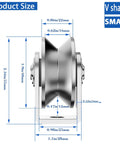 Rock Solid 2 Inch V Groove Pulley Pack Premium 304 Stainless Steel Cable Rollers side view with dimensions for rigging tasks.