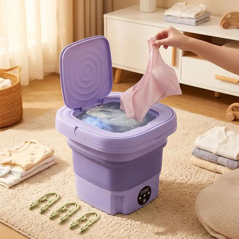 No Hustle Foldable Washing Machine With Three Deep Clean Settings And Super Chill Spin Dry for socks clothes towels and delicates in use.
