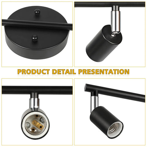 Close-up of Six Light Track Lighting Kit With Flexible Foldable Arms And Rotatable Heads, E26 Base Black Ceiling Spotlight details.