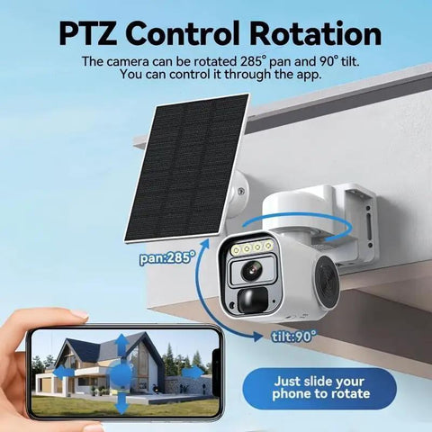 4G LTE Solar Security Camera Wireless Outdoor With Built In SIM Card IP65 Rated showing PTZ control rotation and solar panel.