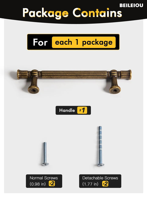 Package contents for Antique Brass Cabinet Pulls With Three And Three Quarters Inch Hole Centers Zinc Alloy Classic Vintage Drawer Handles.